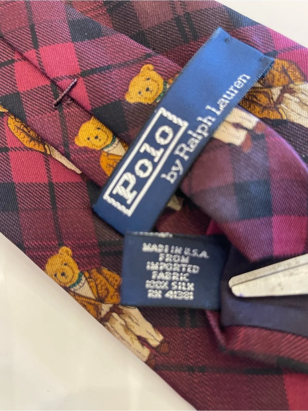 Vtg Polo Ralph Lauren Polo Bear Silk Tie Plaid Burgundy Purple Blazer Rare